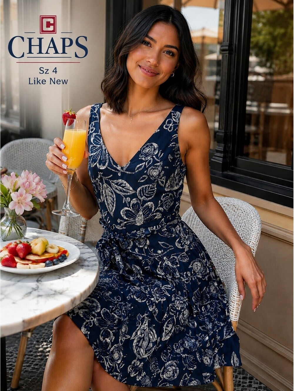 Chaps | 4 | Navy Blue Floral Sleeveless Dress
